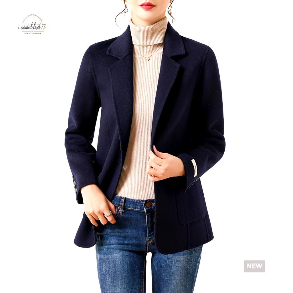 Wool Blend Blazer Pea Coat Notched Lapel Button Closure Pockets